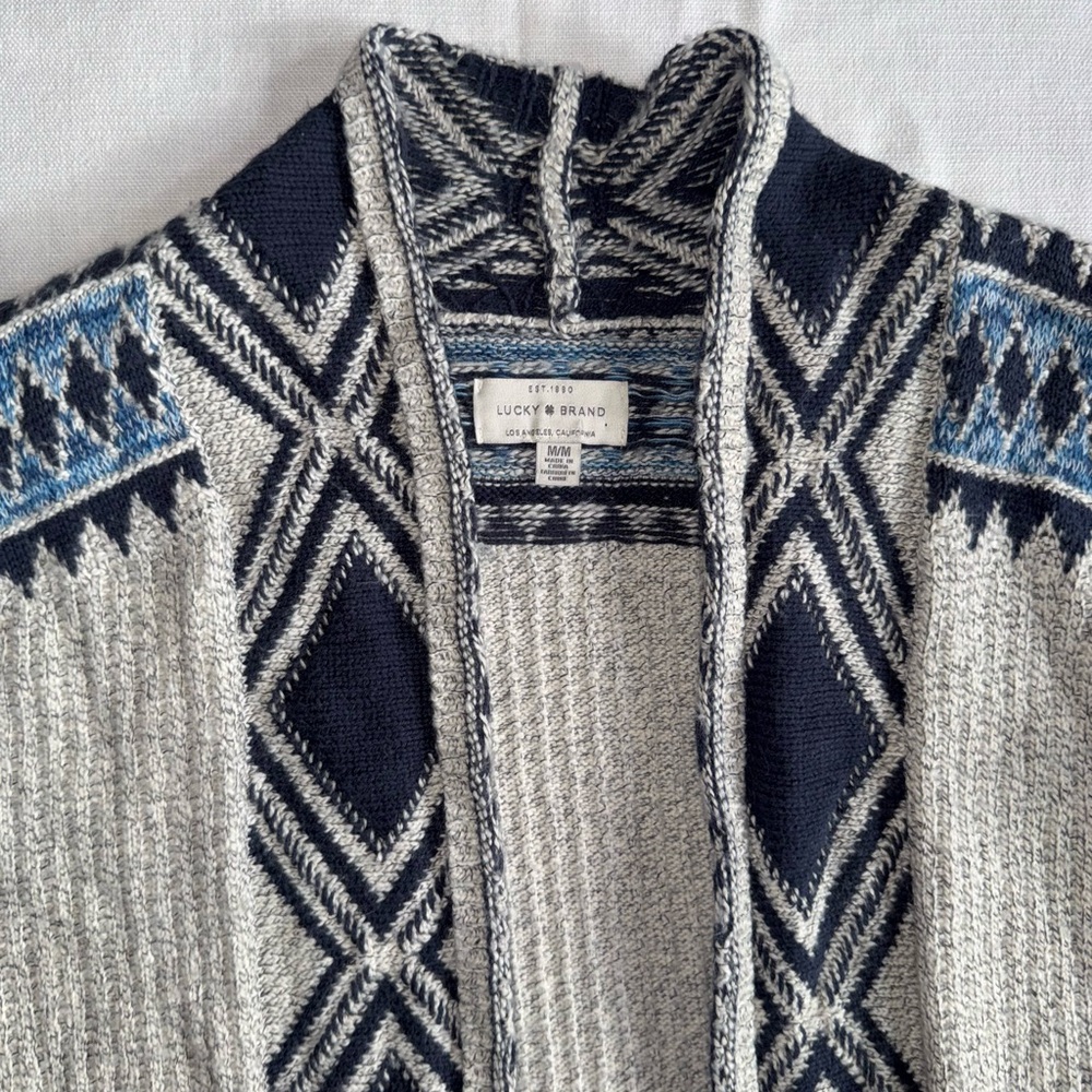 Euc Lucky Brand Blue and Gray Geometric Cardigan, Sz m